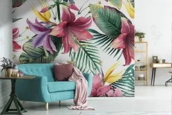 Carta da Parati fiori rosa e foglie tropicali natura.