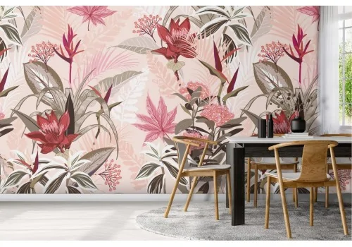 Refined pink wallpaper with flowers and leaves design.