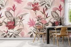 Refined pink wallpaper with flowers and leaves design.