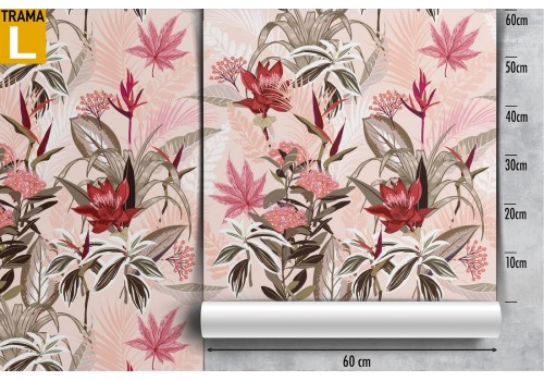 Carta da Parati fiori e foglie natura raffinata rosa. 2