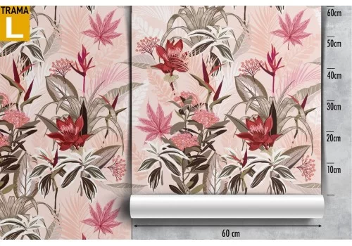 Carta da Parati fiori e foglie natura raffinata rosa. 2