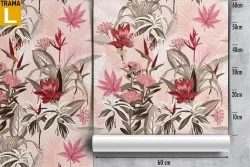 Refined pink wallpaper with flowers and leaves design.