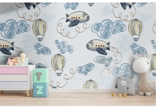 Wallpaper with airplanes and hot air balloons for children.