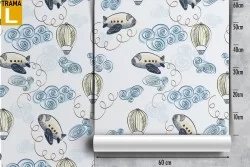 Wallpaper with airplanes and hot air balloons for children.