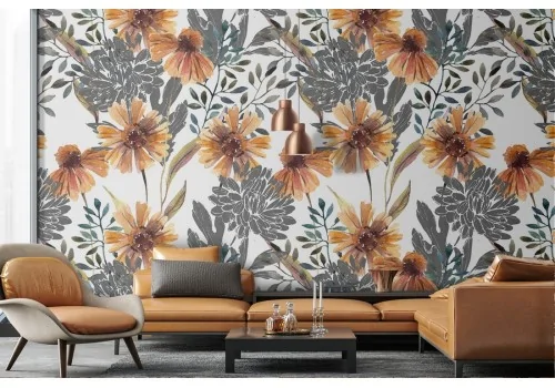 Orange flowers wallpaper and stylized nature leaves.