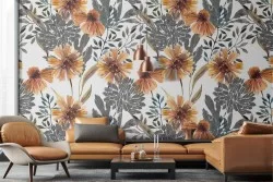 Orange flowers wallpaper and stylized nature leaves.