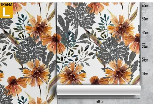 Orange flowers wallpaper and stylized nature leaves. 2