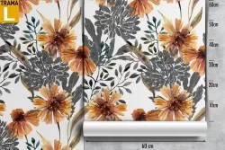 Orange flowers wallpaper and stylized nature leaves.