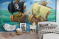 Children's pirate ship wallpaper illustration