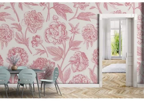 Carta da Parati fiori vintage stilizzati rosa.