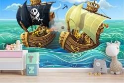 Children's pirate ship wallpaper illustration
