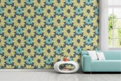 Wallpaper yellow flowers stylized nature pattern.