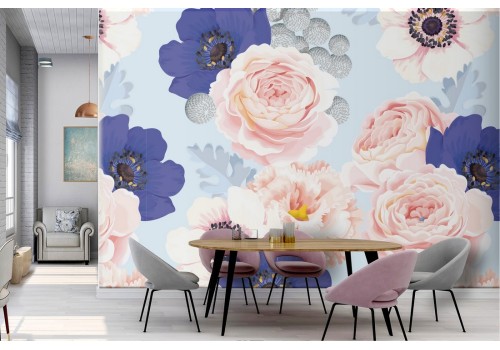 Pink and blue flowers wallpaper nature pattern.