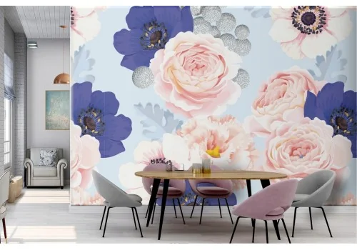 Pink and blue flowers wallpaper nature pattern.