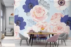 Pink and blue flowers wallpaper nature pattern.