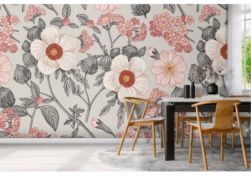 Vintage nature floral pattern wallpaper in pink.