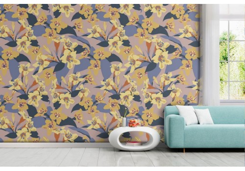 Yellow flowers modern nature pattern wallpaper.