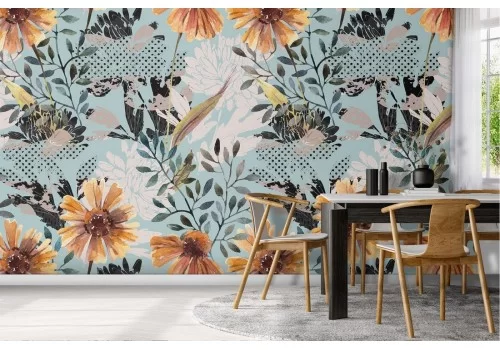 Carta da Parati fiori gialli foglie stilizzate natura vintage.