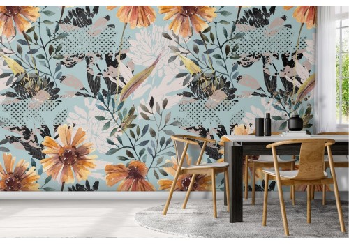 Yellow flowers wallpaper stylized leaves vintage nature.