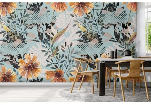 Yellow flowers wallpaper stylized leaves vintage nature.