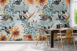 Carta da Parati fiori gialli foglie stilizzate natura vintage.