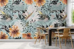 Yellow flowers wallpaper stylized leaves vintage nature.