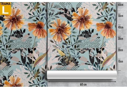 Yellow flowers wallpaper stylized leaves vintage nature. 2