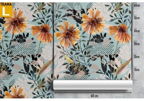 Yellow flowers wallpaper stylized leaves vintage nature. 2