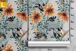 Carta da Parati fiori gialli foglie stilizzate natura vintage.