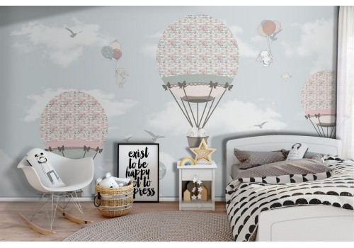 Children's wallpaper with hot air balloons and balloons
