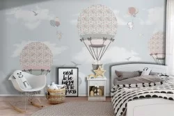 Children's wallpaper with hot air balloons and balloons