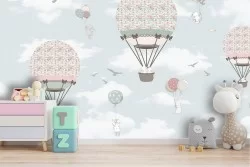 Children's wallpaper with hot air balloons and balloons