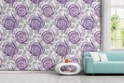 Modern nature wallpaper with stylized purple flowers.
