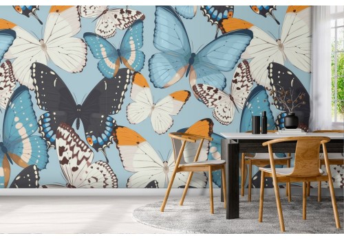 Modern nature wallpaper with blue butterflies.