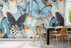 Modern nature wallpaper with blue butterflies.