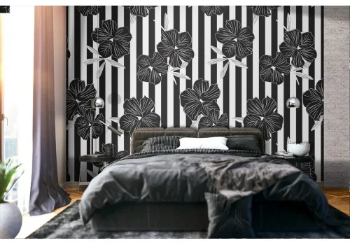 Black flowers and stripes nature wallpaper modern design.