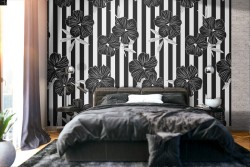 Black flowers and nature stripes wallpaper modern design.