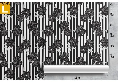 Carta da Parati fiori neri e righe natura design moderno. 2