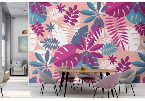 Tropical leaves modern nature pink wallpaper.