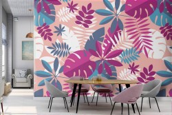 Carta da Parati foglie tropicali natura moderna rosa.