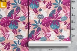 Carta da Parati foglie tropicali natura moderna rosa.