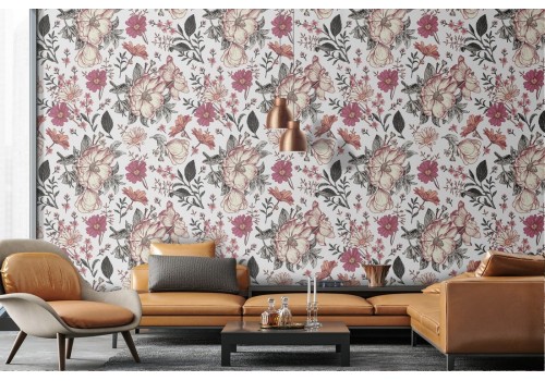 Refined vintage nature wallpaper with white flowers.