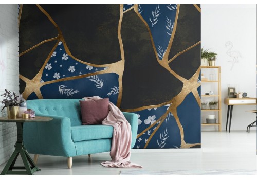 Black marble wallpaper with gold luxury pattern decorations.