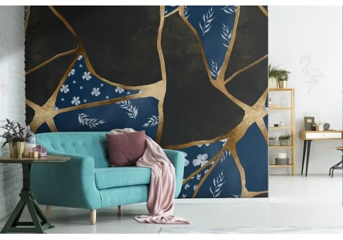 Carta da Parati marmo nero decori oro pattern luxury.