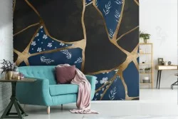 Black marble wallpaper with gold luxury pattern decorations.