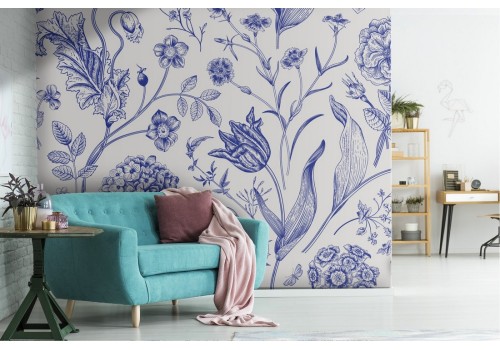 Blue flowers nature vintage pattern wallpaper.