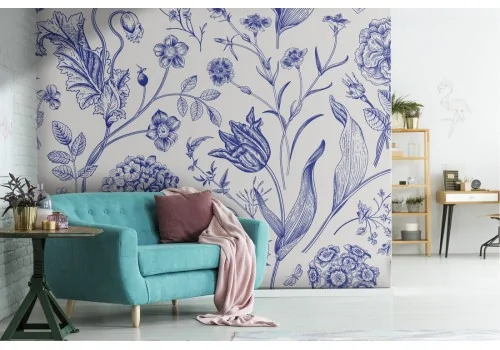 Blue flowers vintage nature pattern wallpaper.