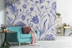 Blue flowers nature vintage pattern wallpaper.