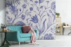 Blue flowers nature vintage pattern wallpaper.