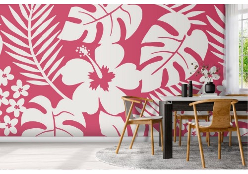Modern pink tropical flowers and leaves wallpaper.